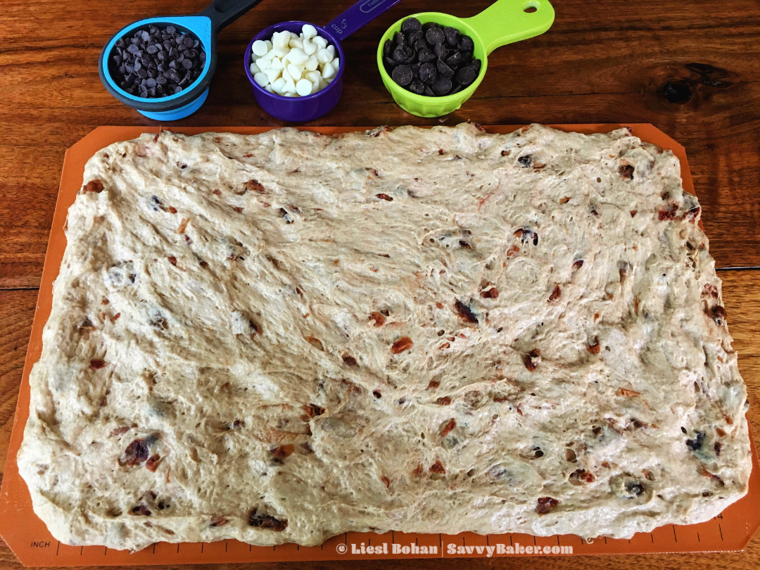 Stretched-but-not-yet-decorated Dough for Cherry Chocolate Chip Sourdough Rolls