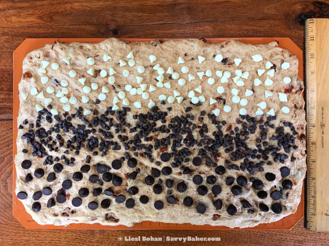 Stretched and Decorated Dough for Cherry Chocolate Chip Sourdough Rolls