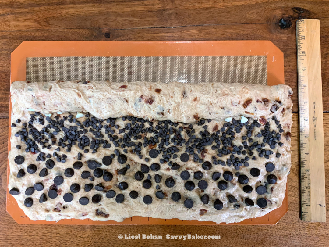 Partially Rolled Dough for Cherry Chocolate Chip Sourdough Rolls