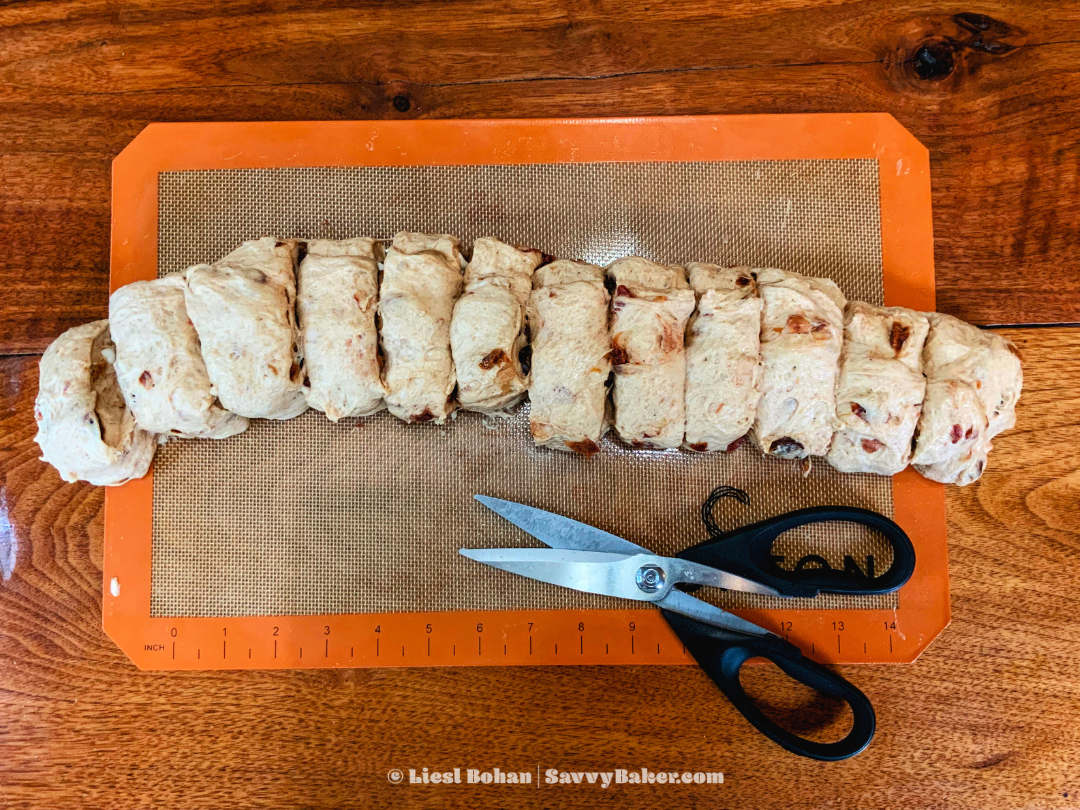 Sliced Dough for Cherry Chocolate Chip Sourdough Rolls